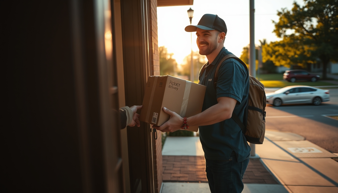 delivery driver handing package to customer at door in editorial style