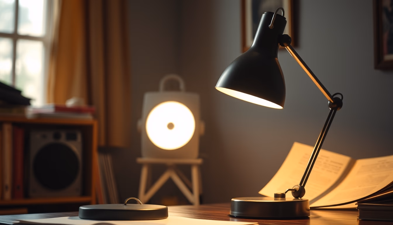 desk lamp warm glow in editorial style