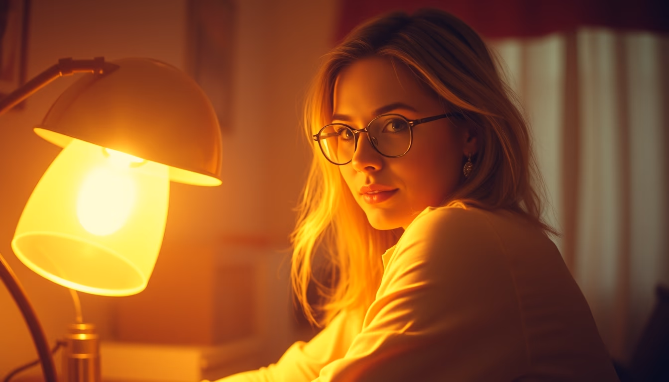 desk lamp warm glow in editorial style