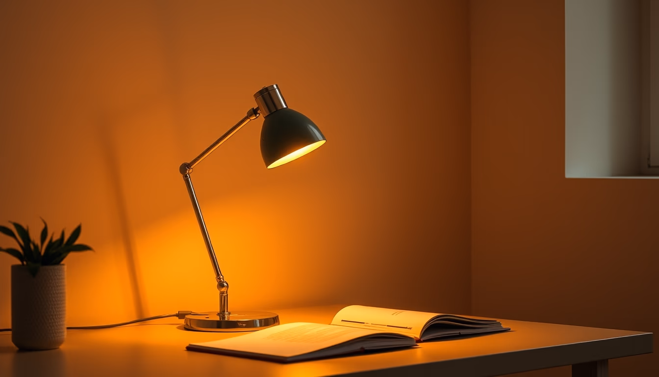 desk lamp warm glow in editorial style