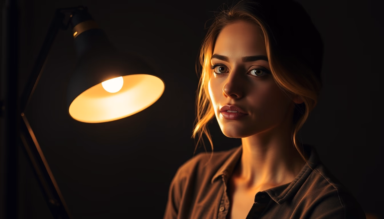 desk lamp warm glow in editorial style