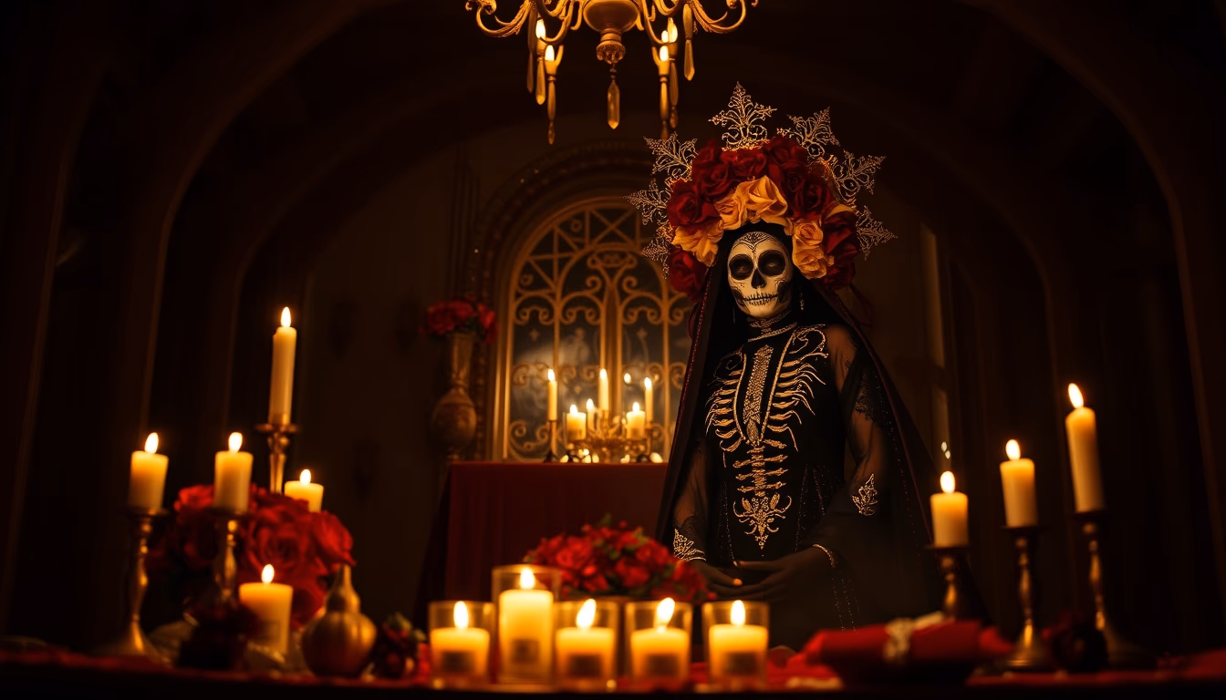 dia de los muertos altar in editorial style