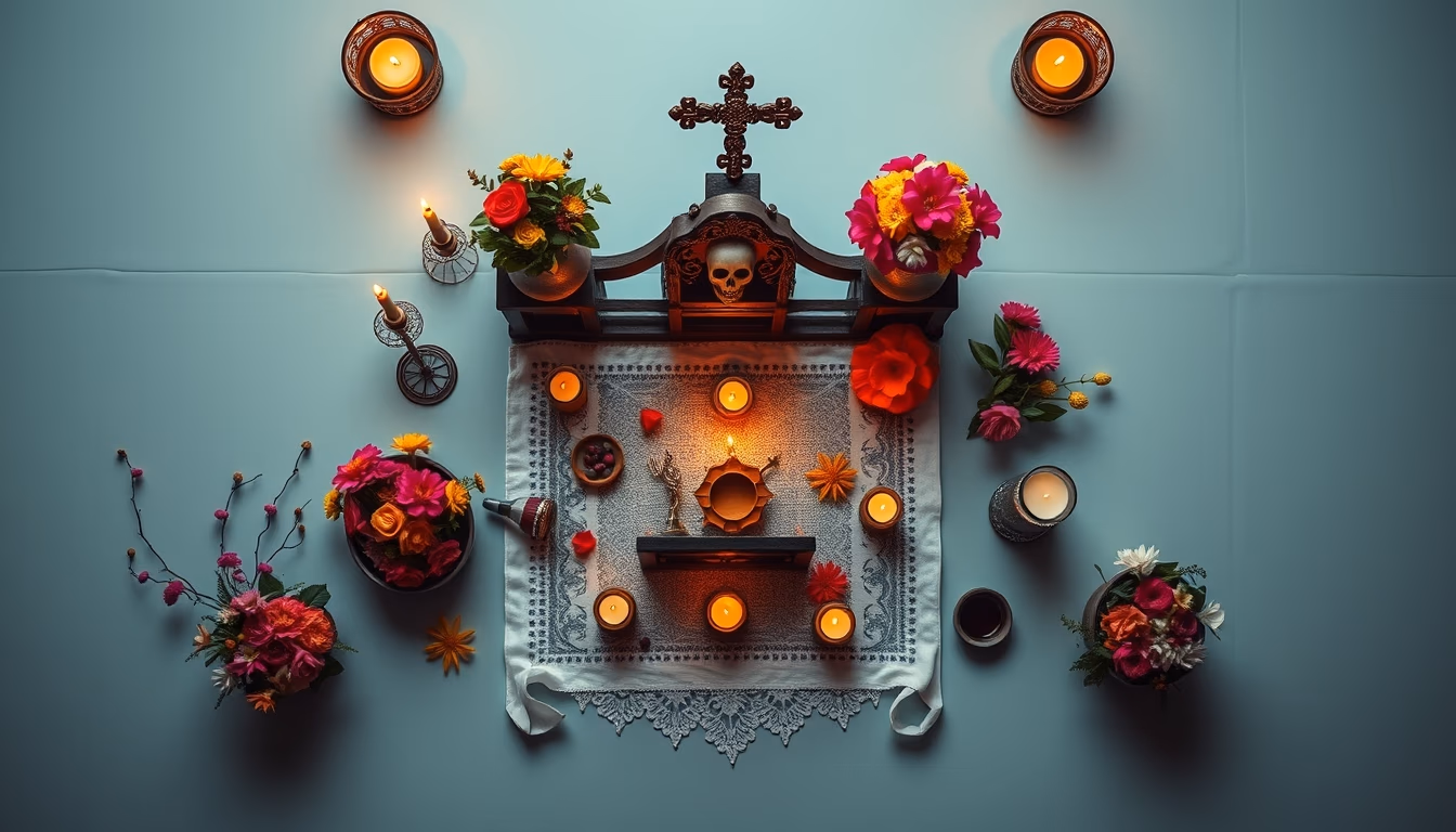 dia de los muertos altar in editorial style