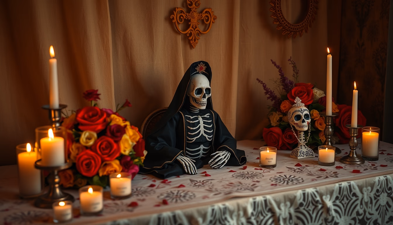 dia de los muertos altar in editorial style