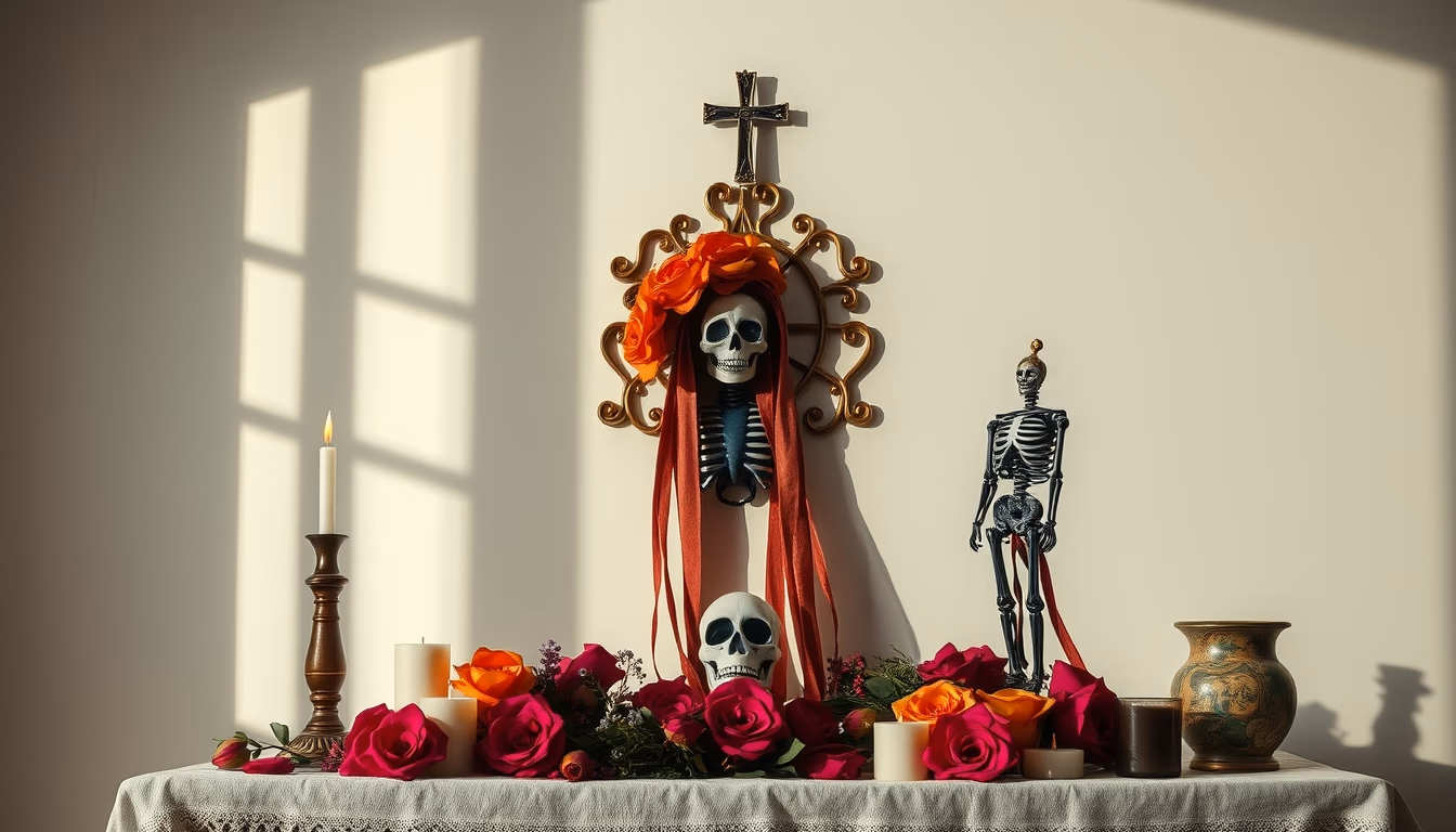 dia de los muertos altar in editorial style