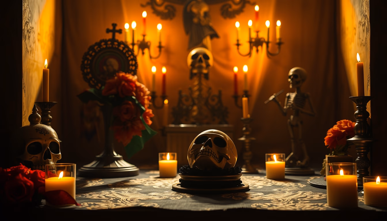 dia de los muertos altar in editorial style