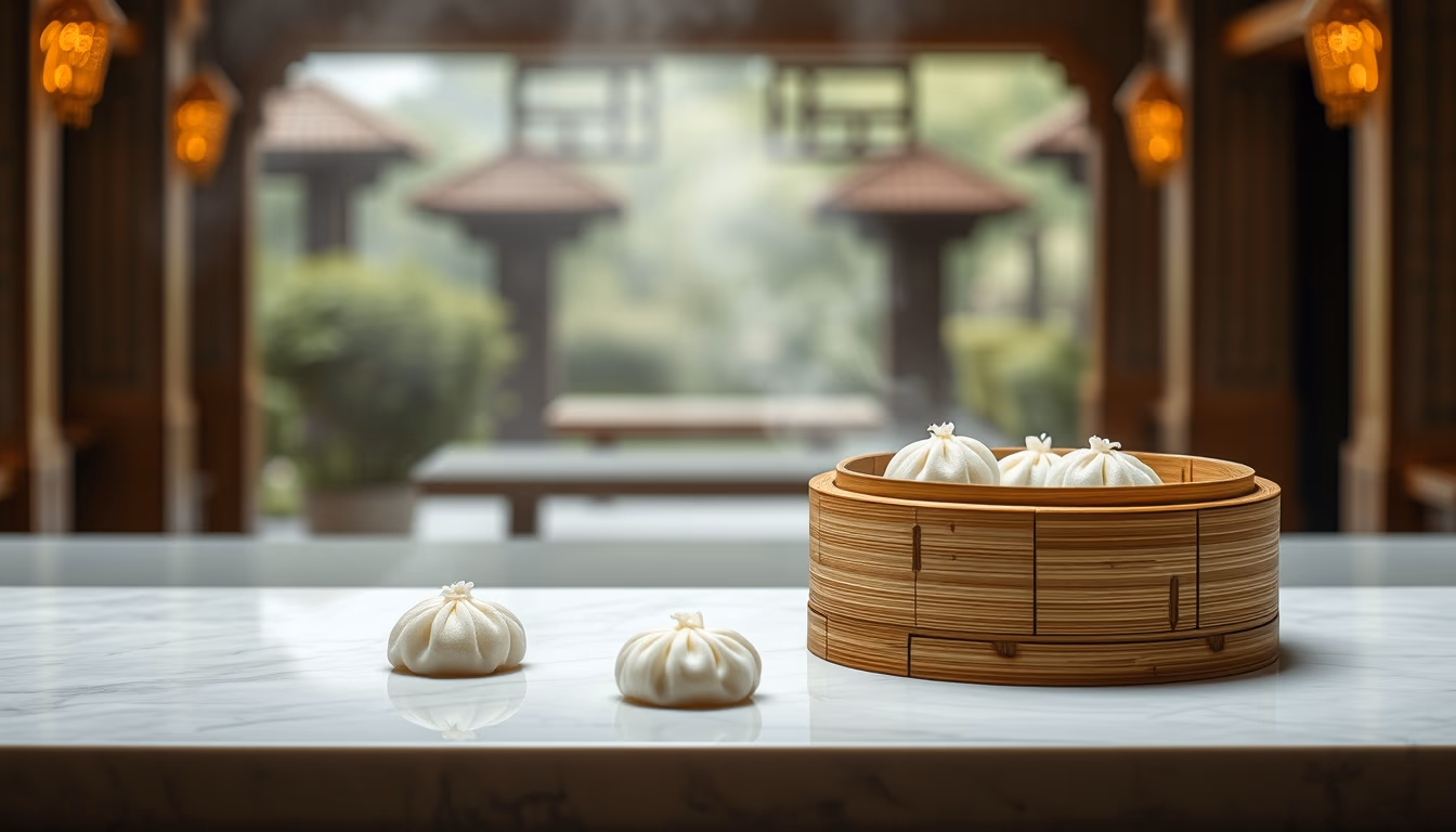 dim sum bamboo steamer in editorial style