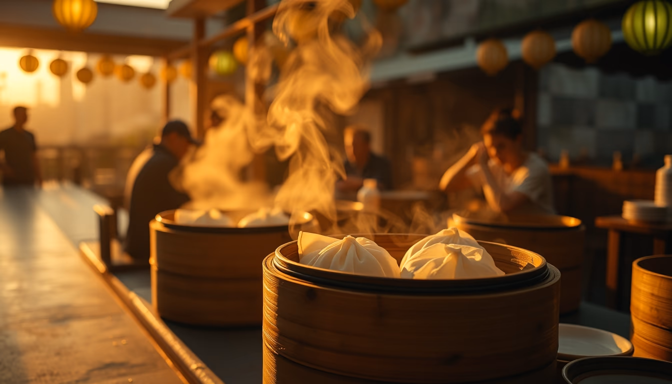 dim sum bamboo steamer in editorial style