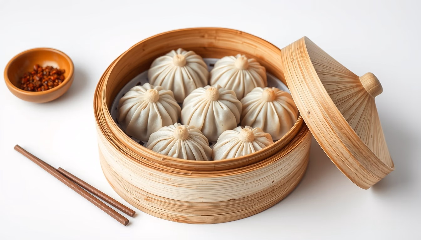 dim sum bamboo steamer in editorial style