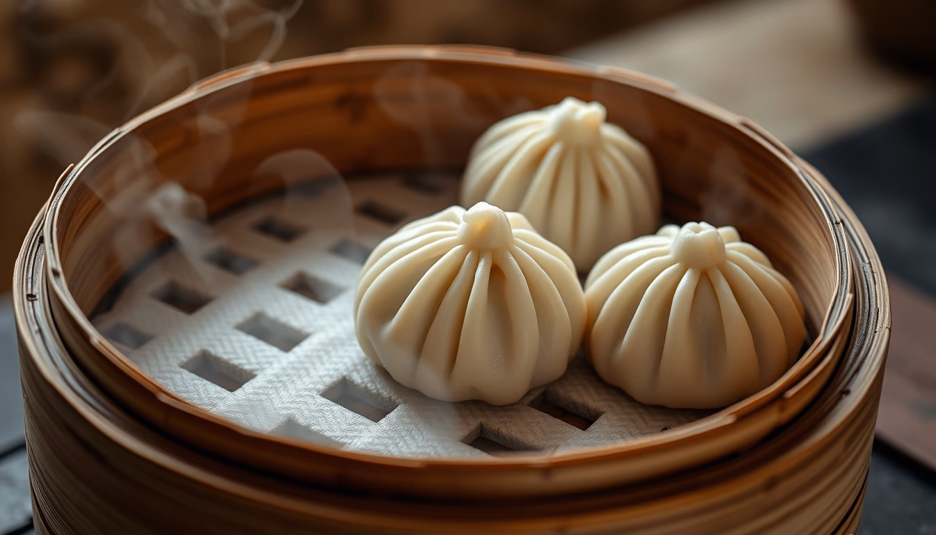 dim sum bamboo steamer in editorial style