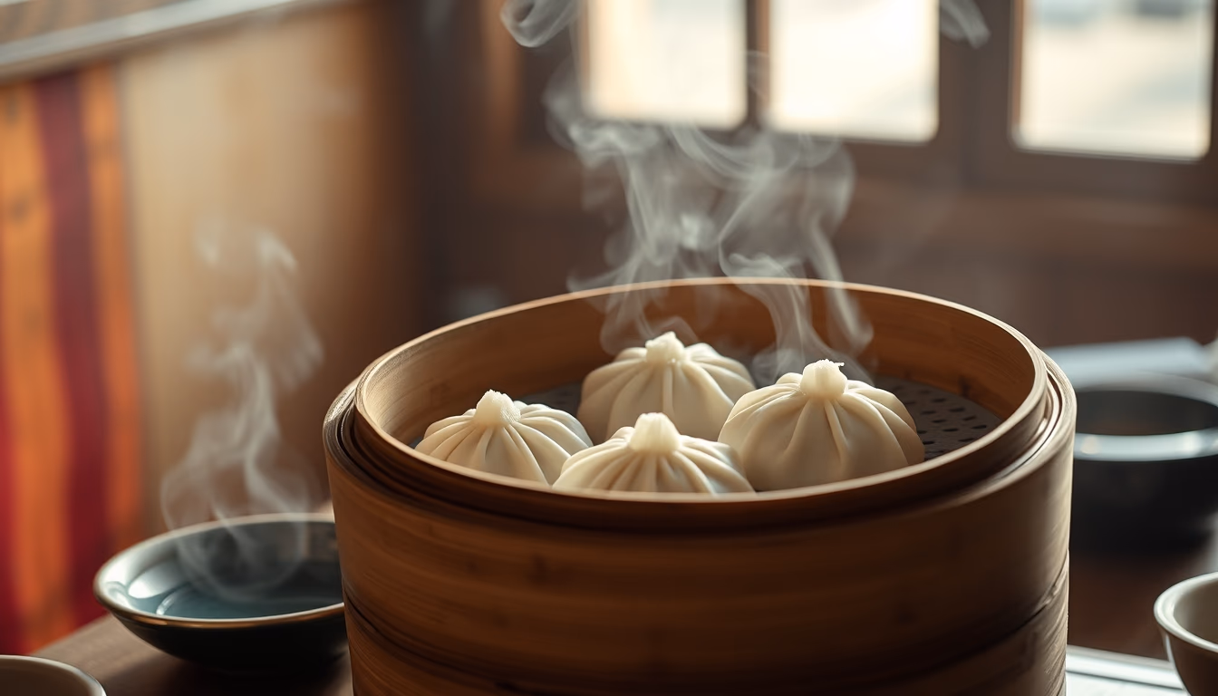 dim sum bamboo steamer in editorial style