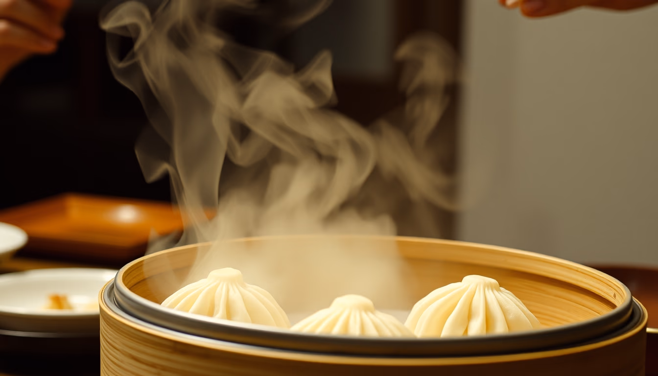 dim sum bamboo steamer in editorial style