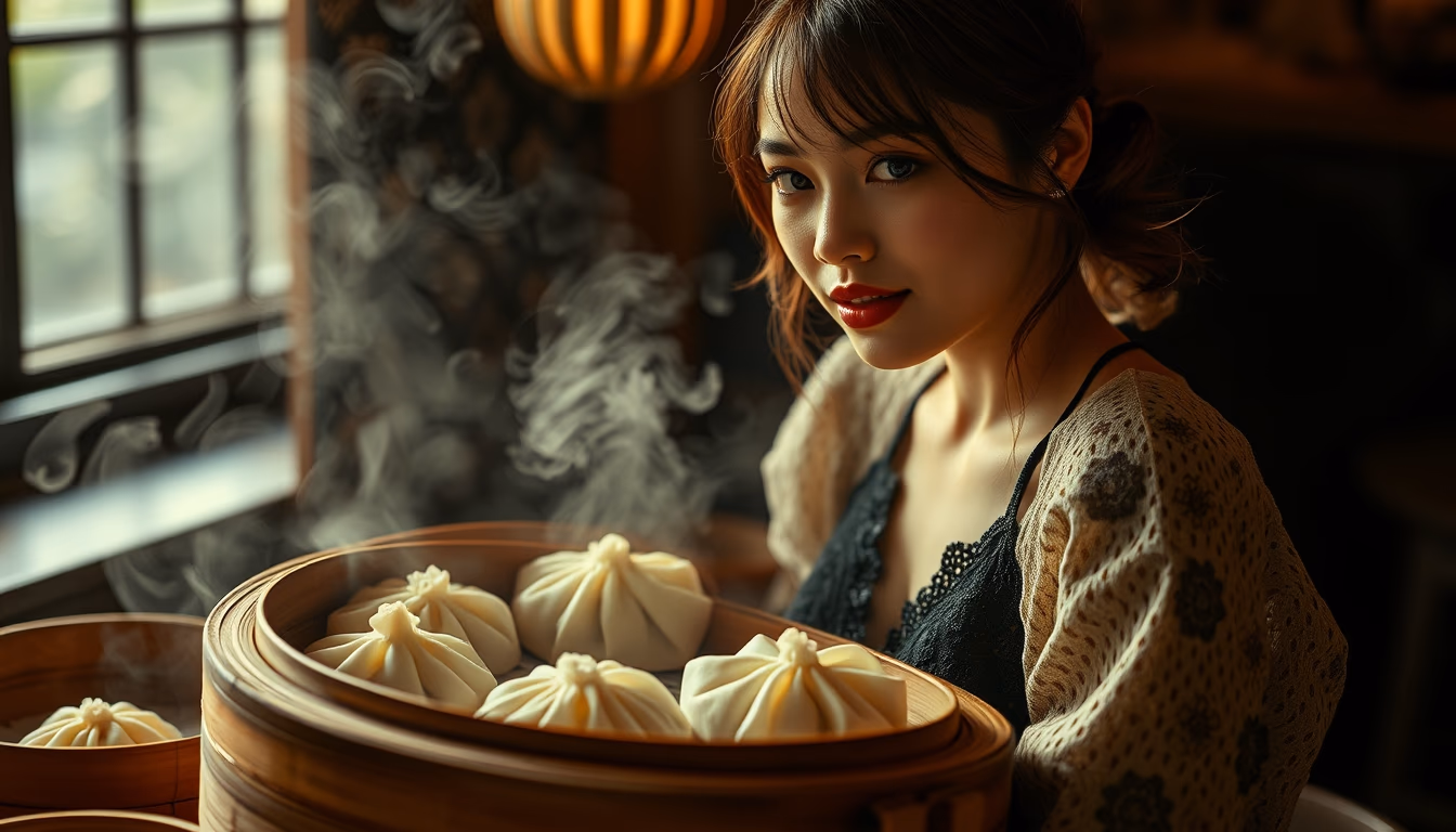 dim sum bamboo steamer in editorial style