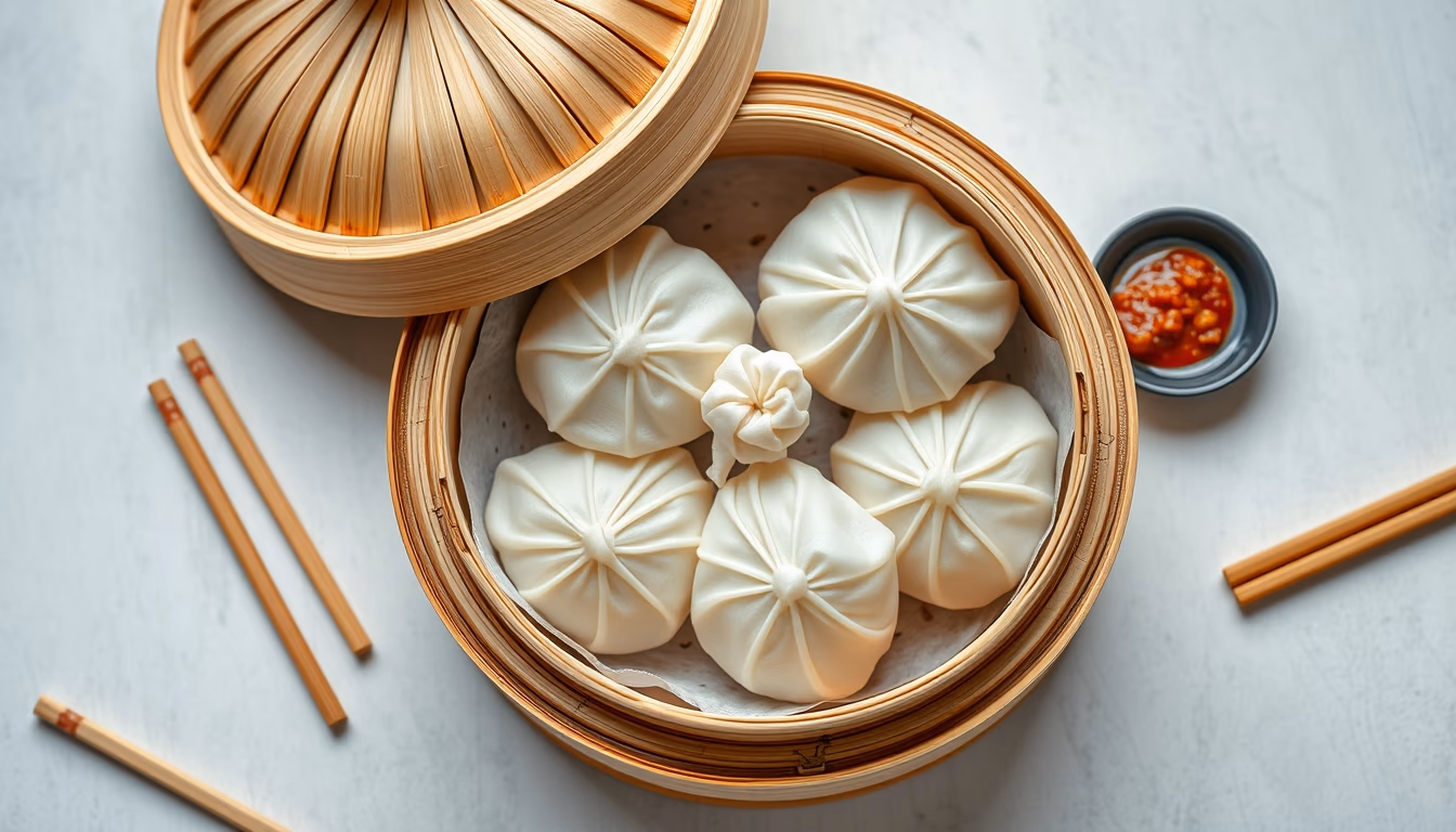 dim sum bamboo steamer in editorial style