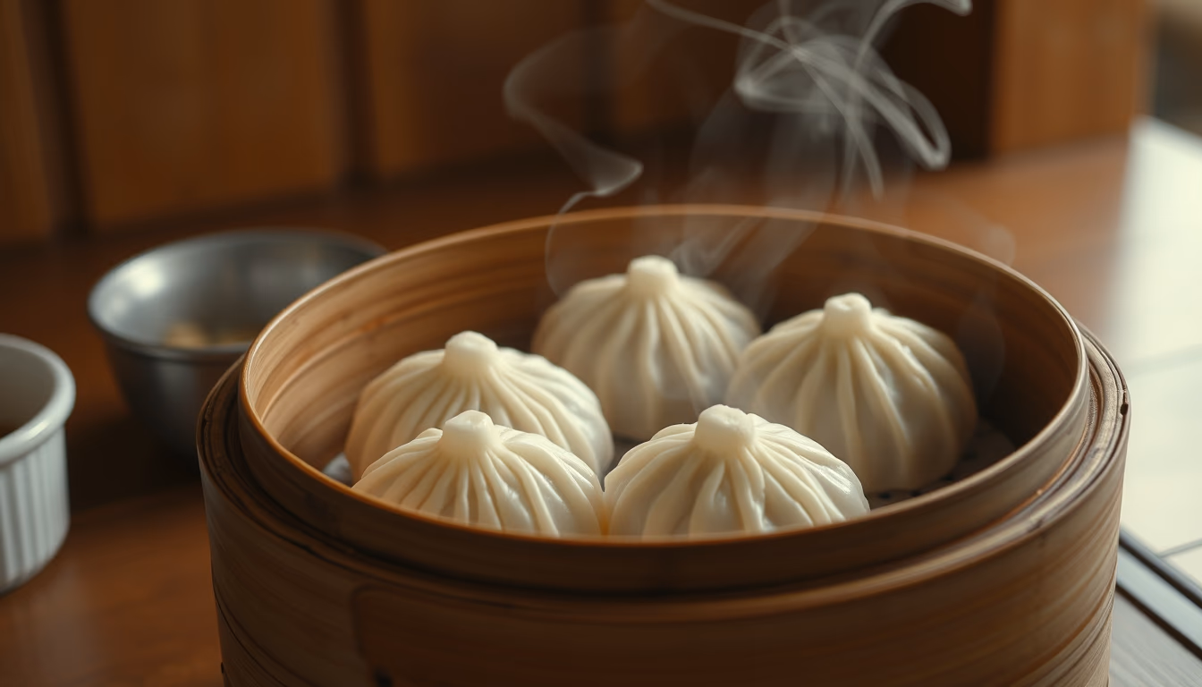 dim sum bamboo steamer in editorial style
