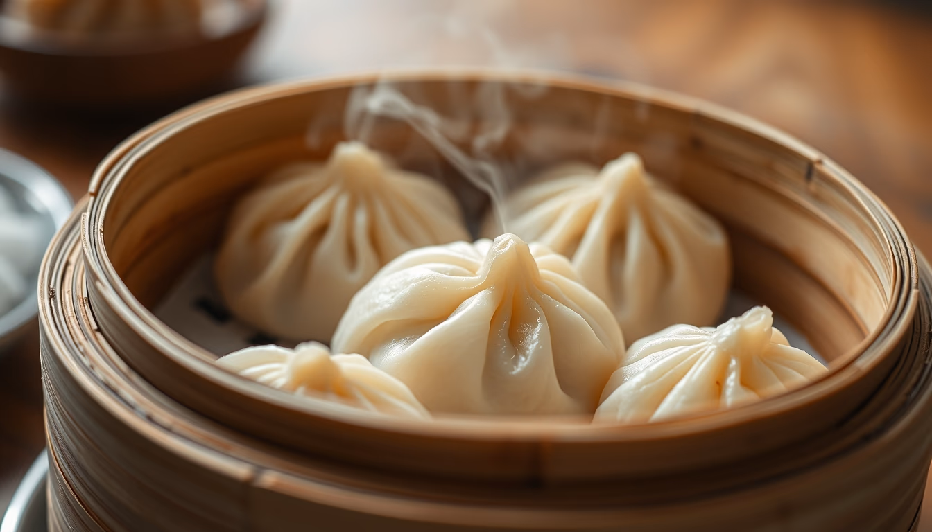 dim sum bamboo steamer in editorial style