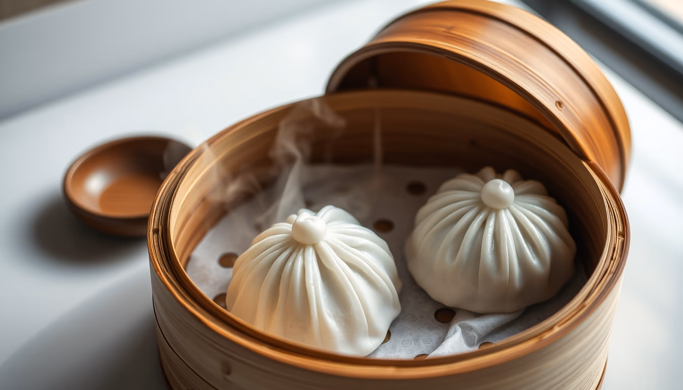 dim sum bamboo steamer in editorial style