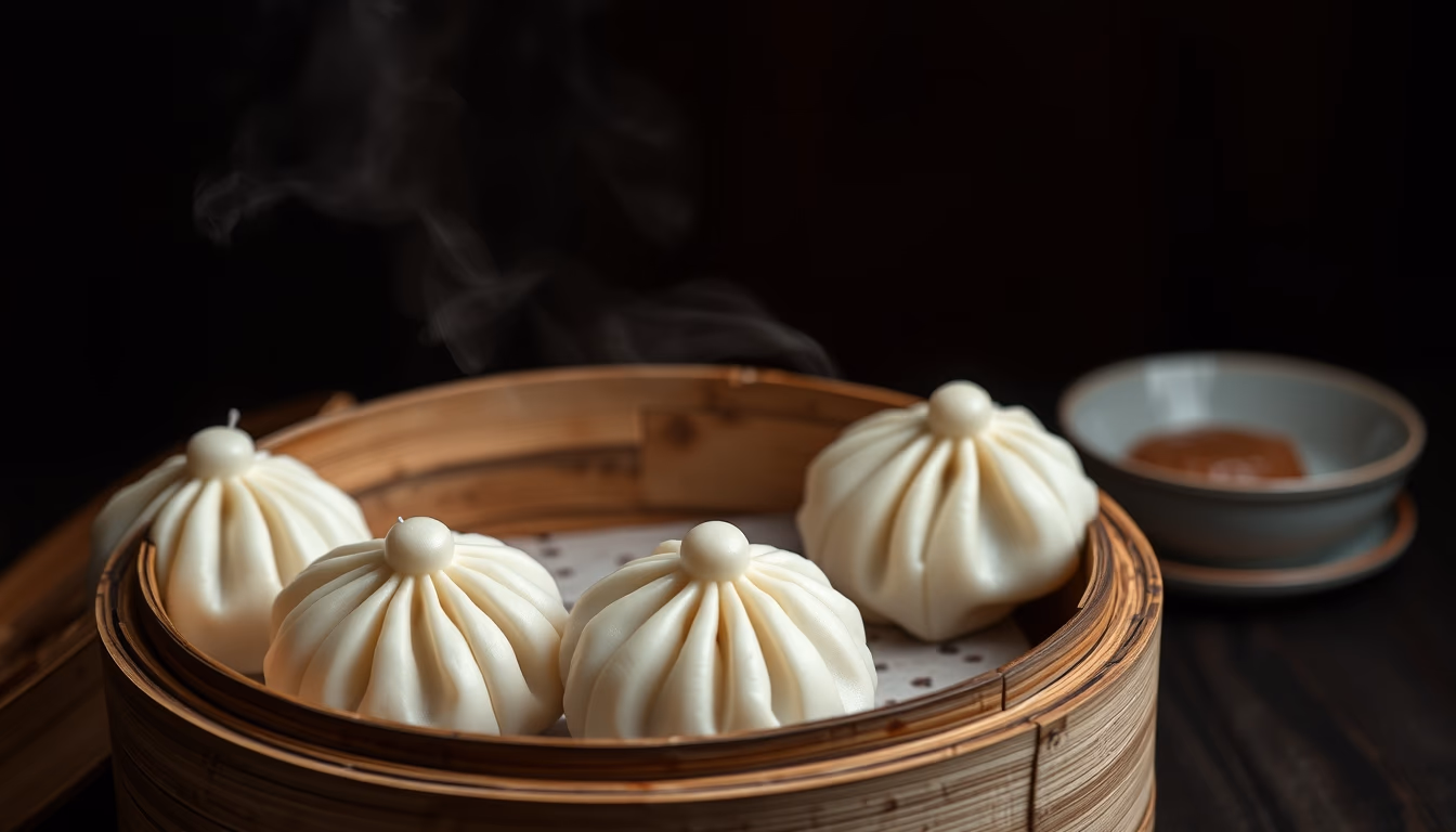 dim sum bamboo steamer in editorial style