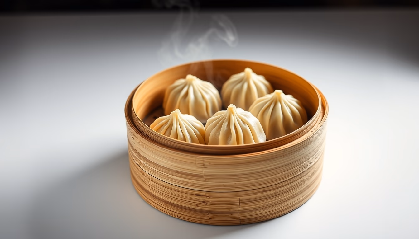 dim sum bamboo steamer in editorial style