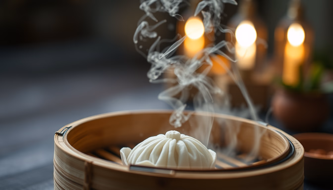 dim sum bamboo steamer in editorial style