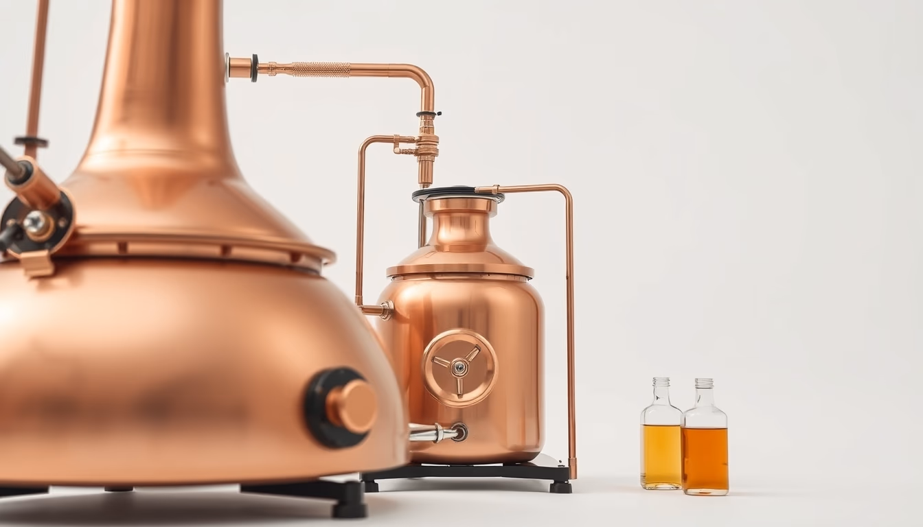 distillery copper still in editorial style
