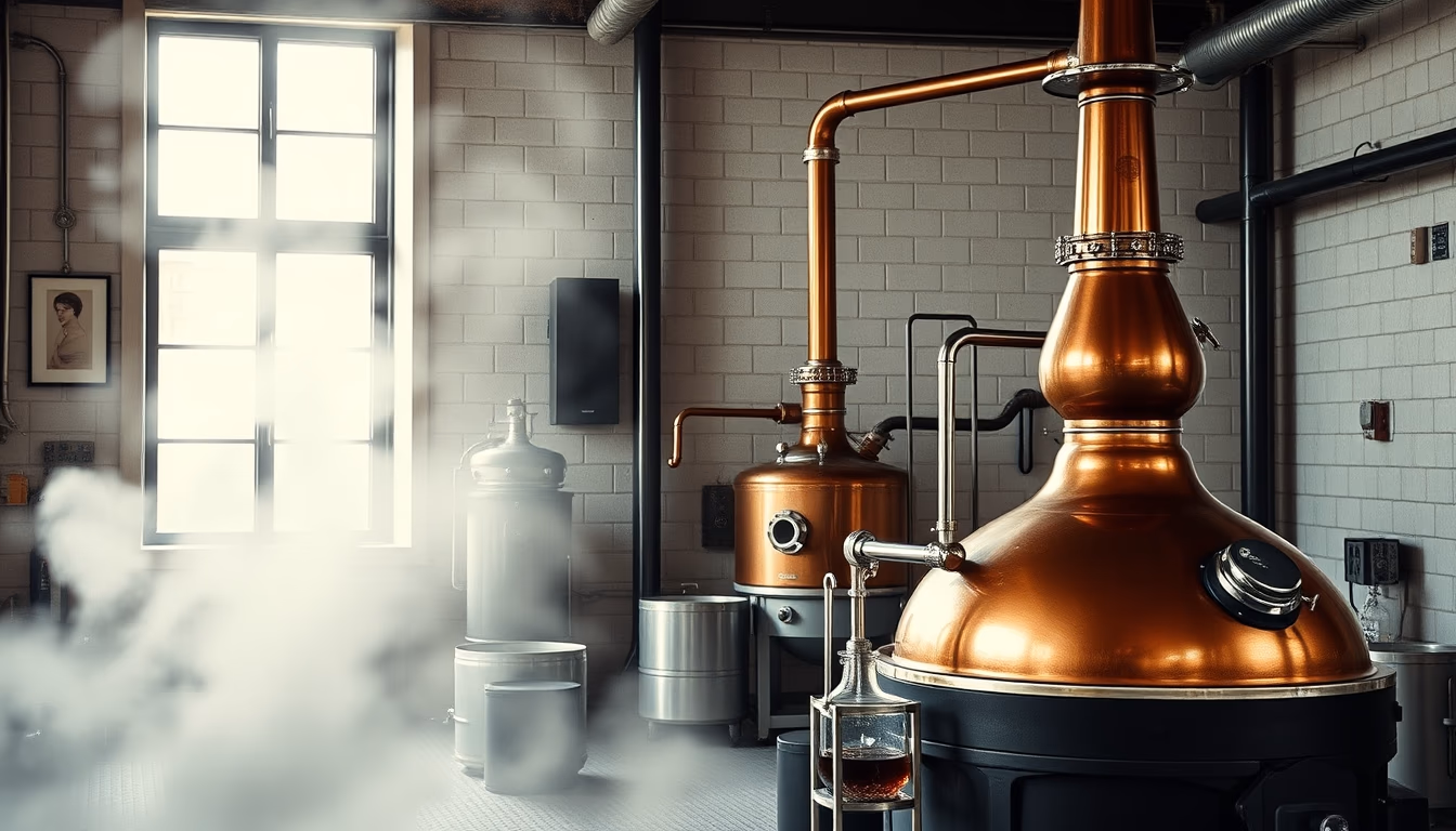 distillery copper still in editorial style
