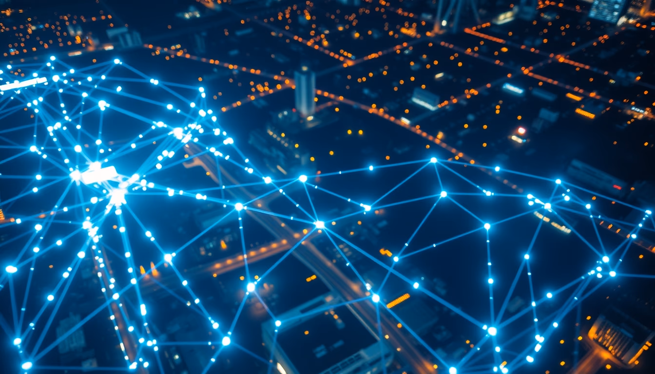 distributed ledger glowing connections in editorial style