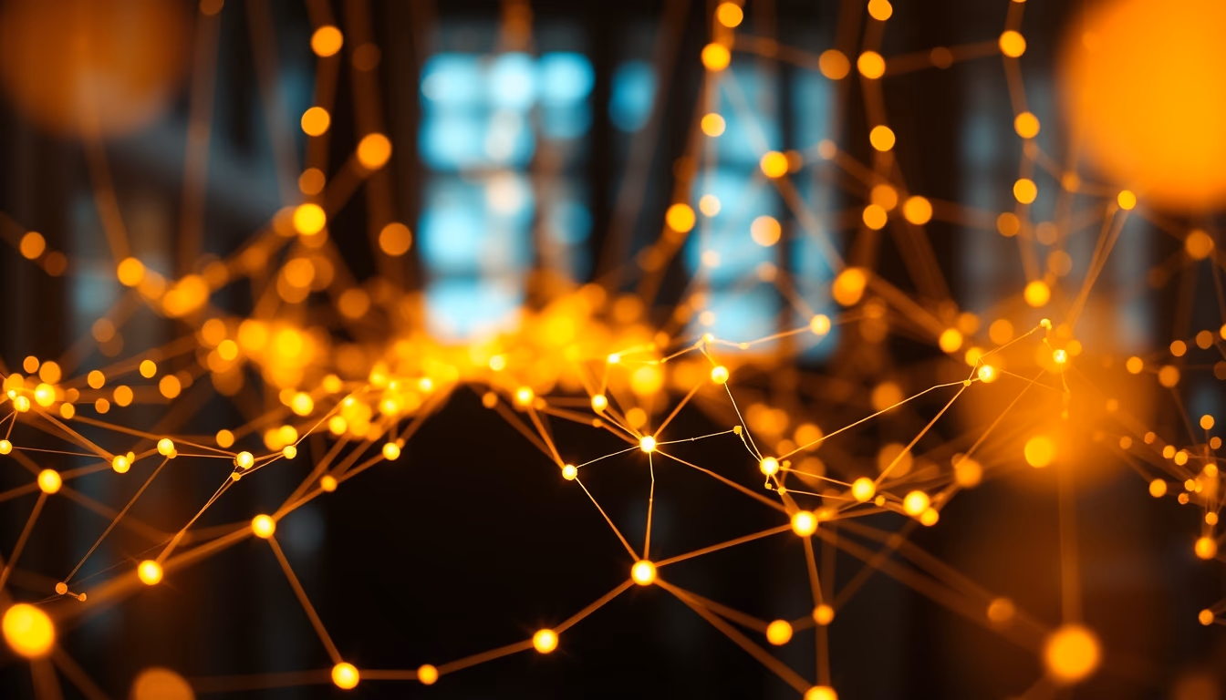 distributed ledger glowing connections in editorial style