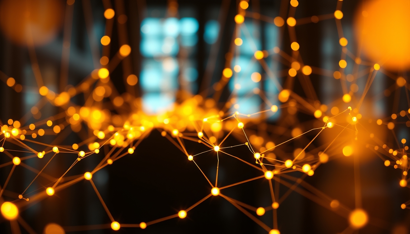 distributed ledger glowing connections in editorial style