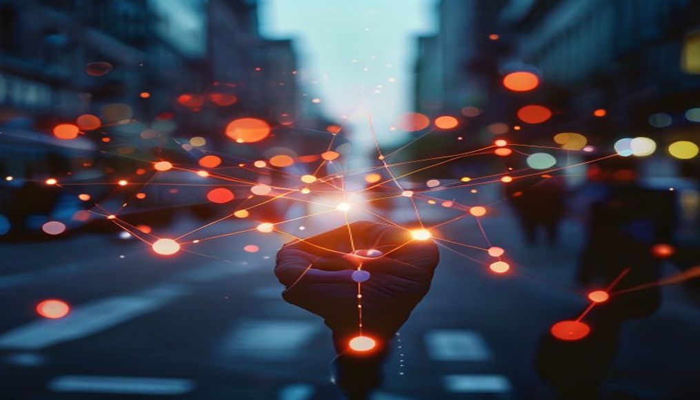 distributed ledger glowing connections in editorial style