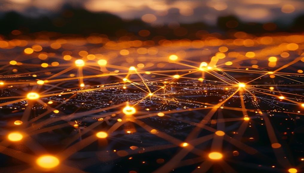 distributed ledger glowing connections in editorial style