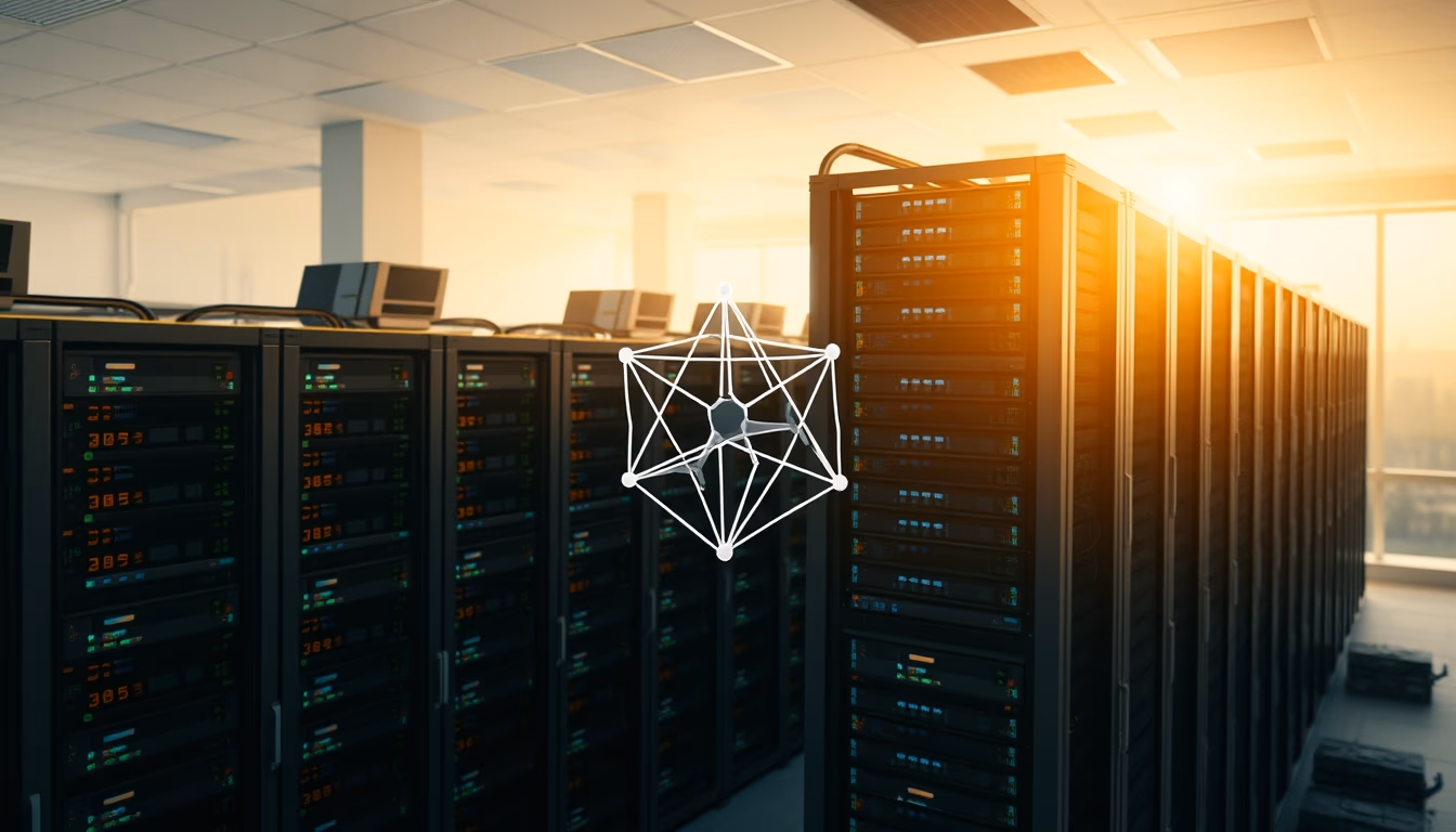 distributed ledger multiple servers in data center in editorial style