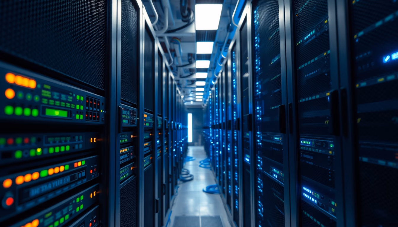 distributed ledger multiple servers in data center in editorial style