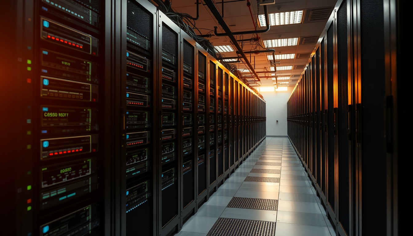 distributed ledger multiple servers in data center in editorial style