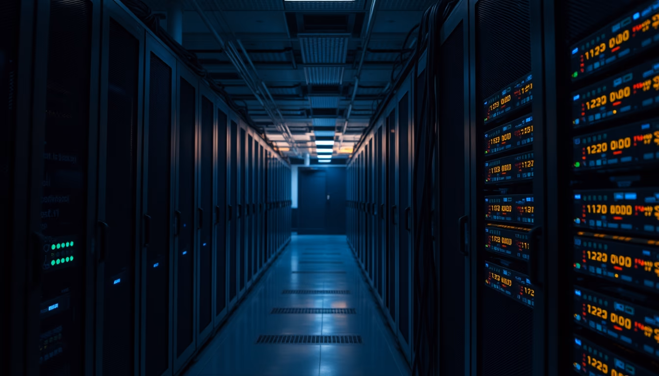 distributed ledger multiple servers in data center in editorial style