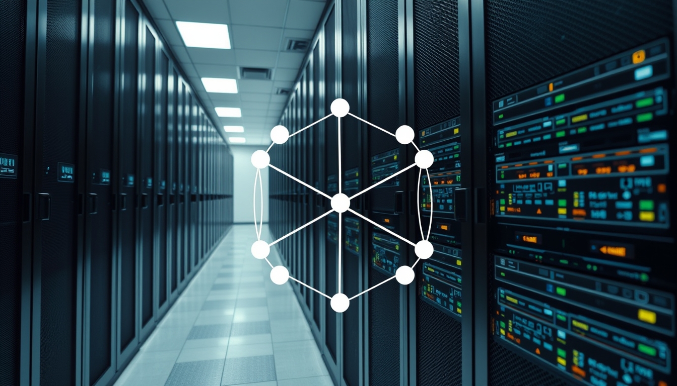 distributed ledger multiple servers in data center in editorial style