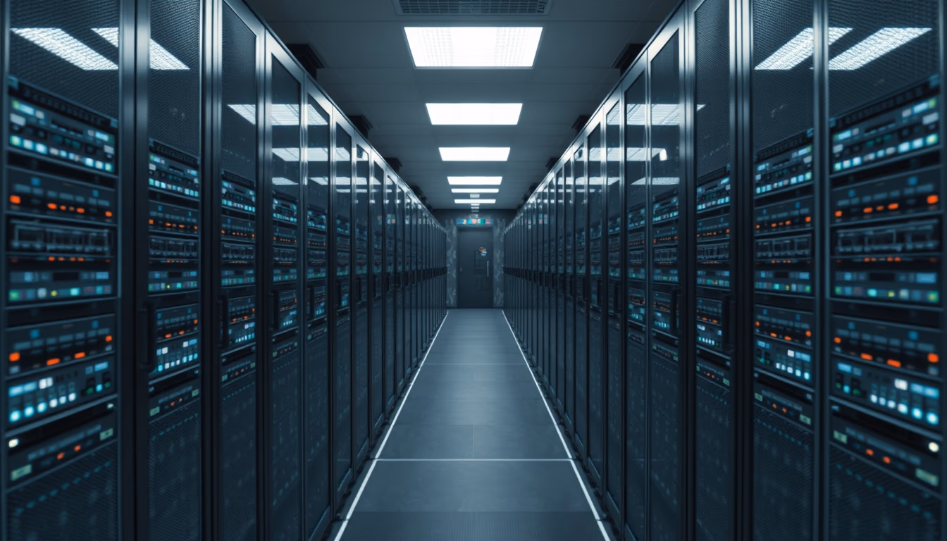 distributed ledger multiple servers in data center in editorial style