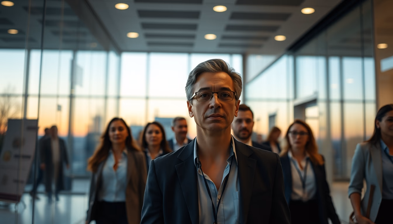 diverse executives walking through glass-walled corporate lobby in editorial style