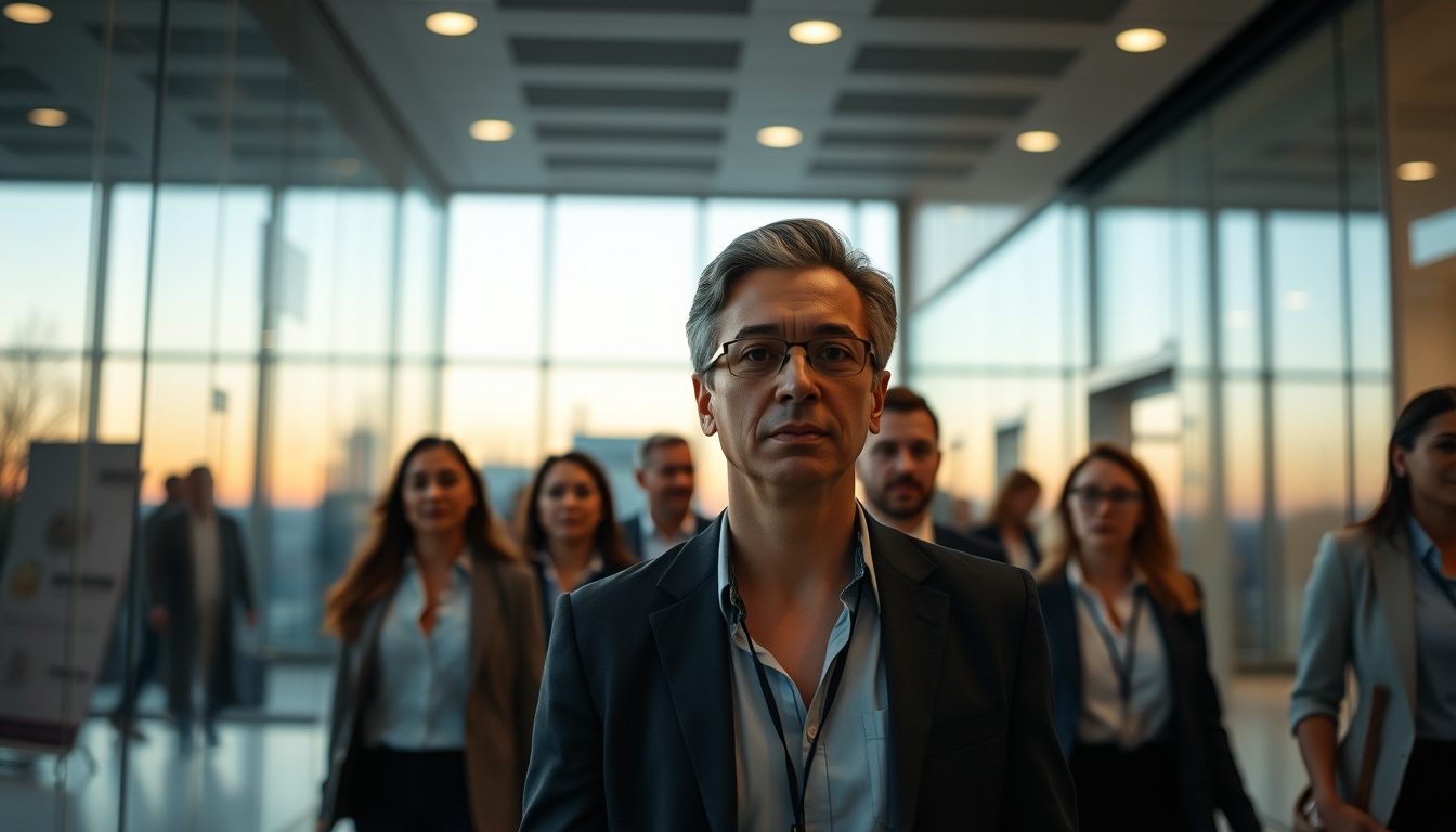 Executivos diversos no lobby corporativo de vidro em estilo editorial