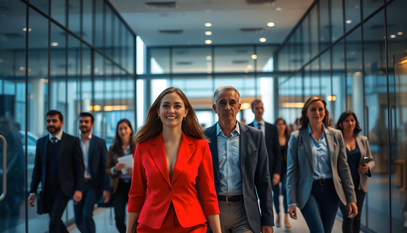 diverse executives walking through glass-walled corporate lobby in editorial style