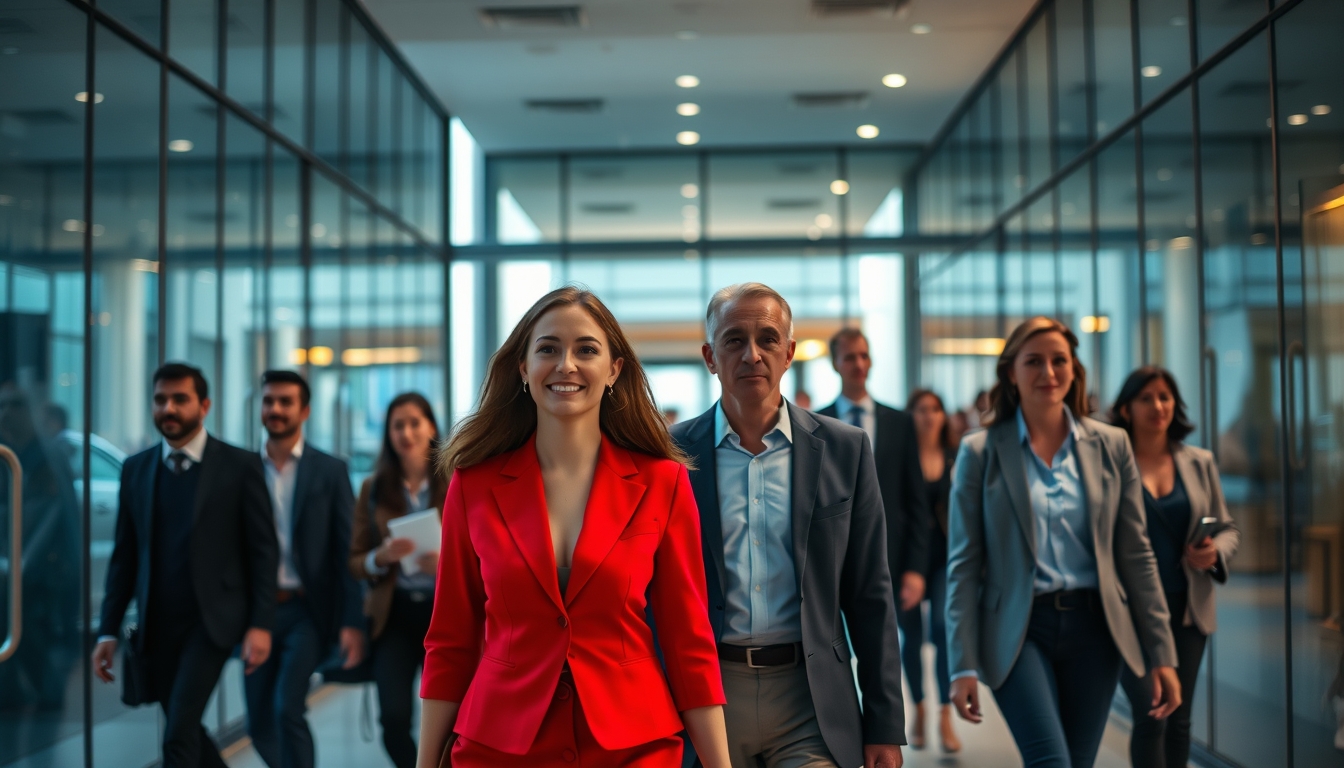 Executivos diversos no lobby corporativo de vidro em estilo editorial