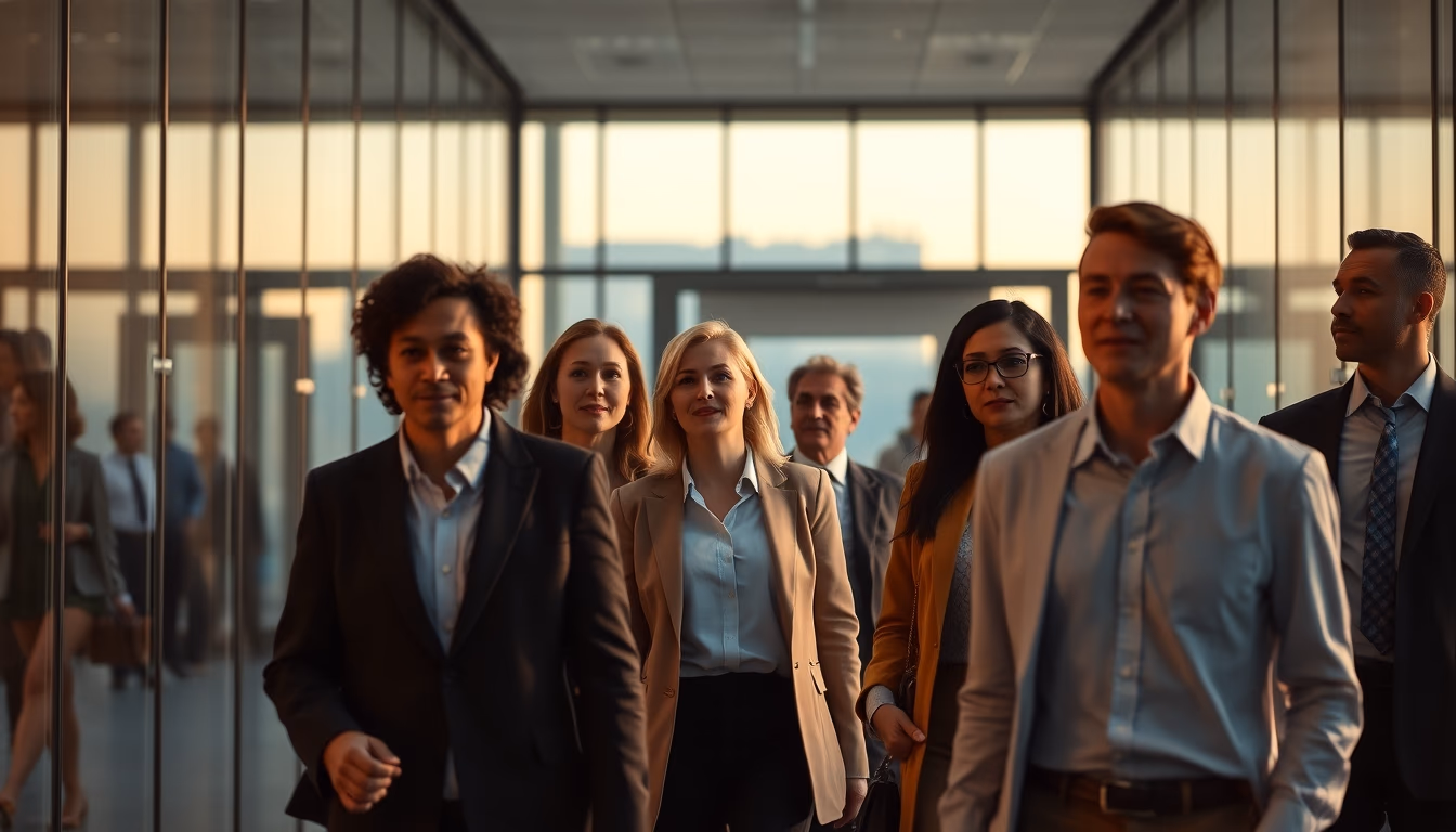 Executivos diversos no lobby corporativo de vidro em estilo editorial