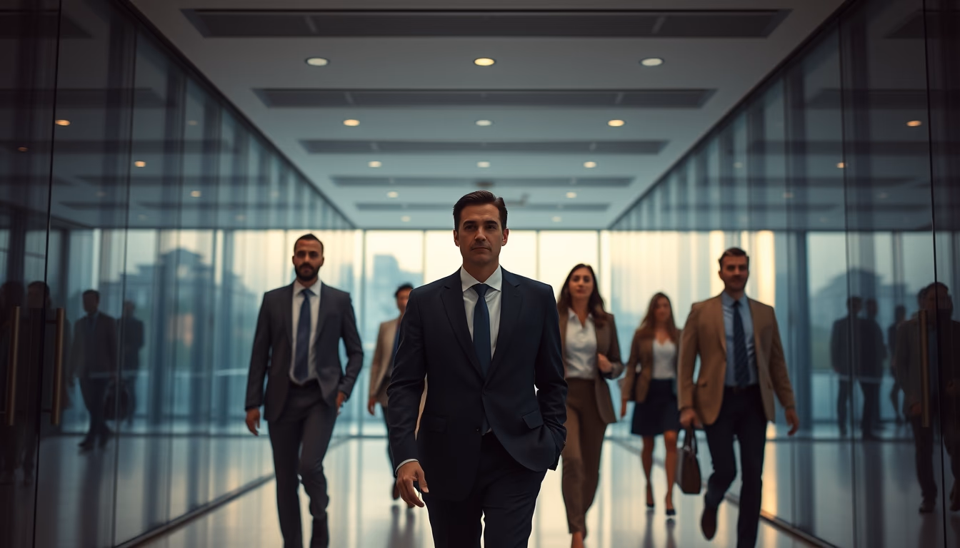 diverse executives walking through glass-walled corporate lobby in editorial style