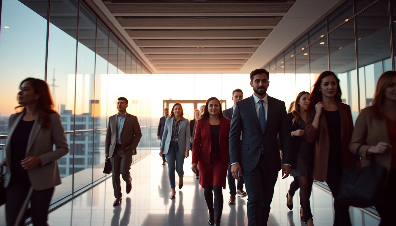 Executivos diversos no lobby corporativo de vidro em estilo editorial