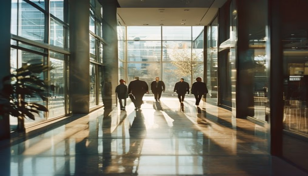 diverse executives walking through glass-walled corporate lobby in editorial style