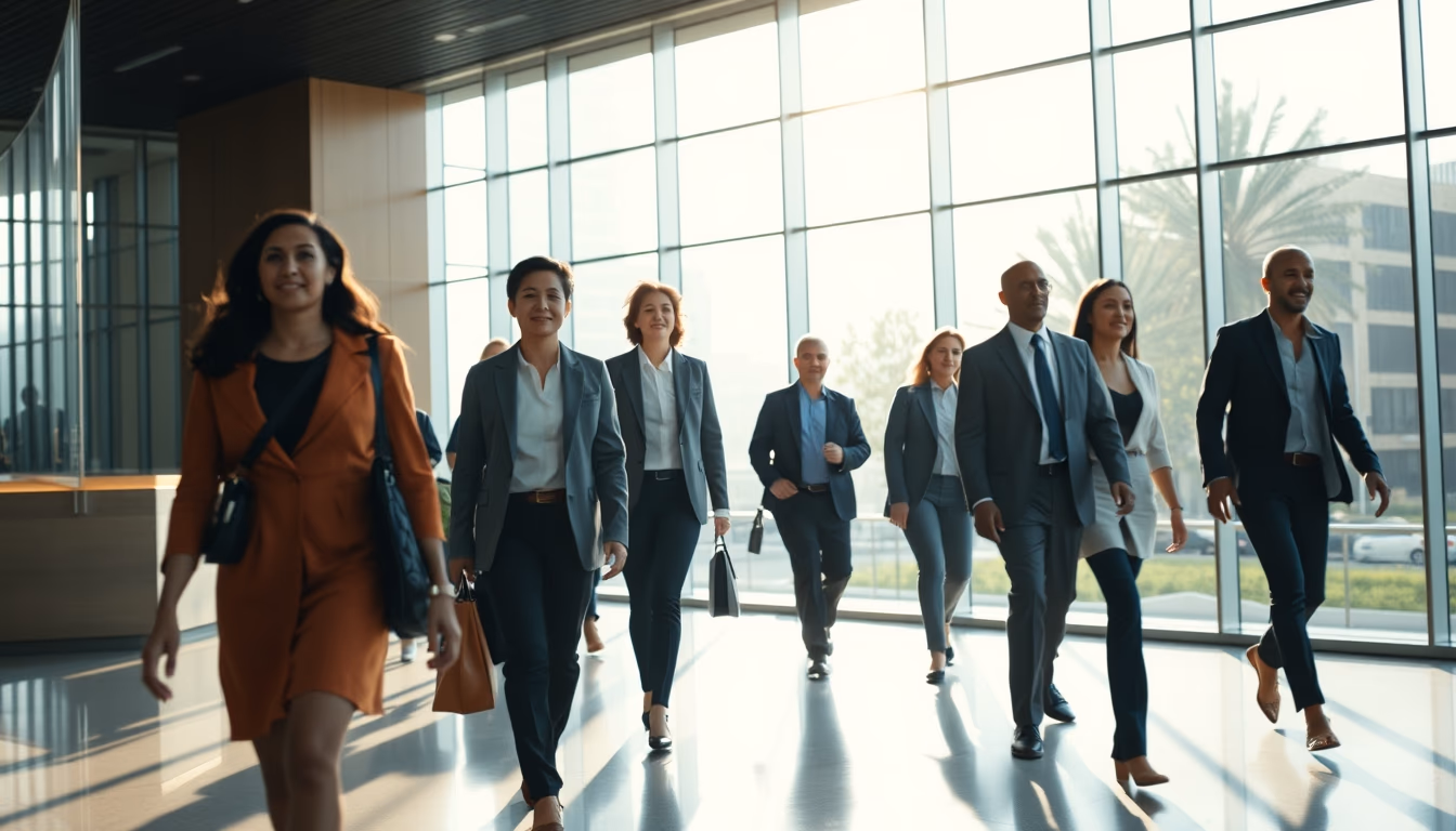 diverse executives walking through glass-walled corporate lobby in editorial style