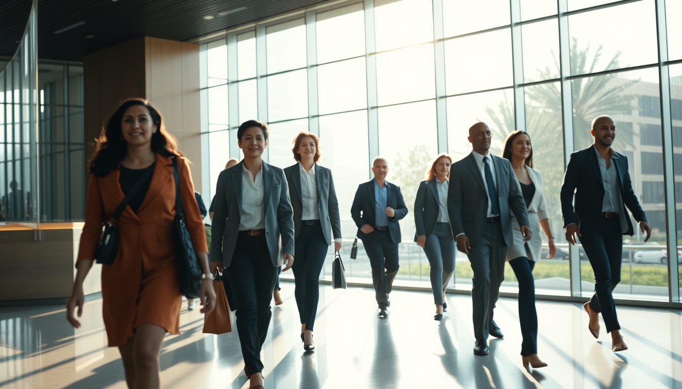 Executivos diversos no lobby corporativo de vidro em estilo editorial