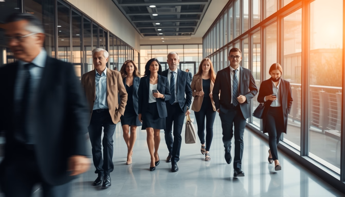 Executivos diversos no lobby corporativo de vidro em estilo editorial