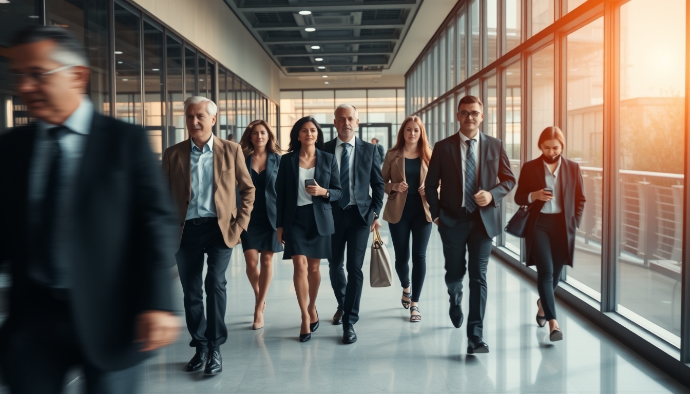 Executivos diversos no lobby corporativo de vidro em estilo editorial