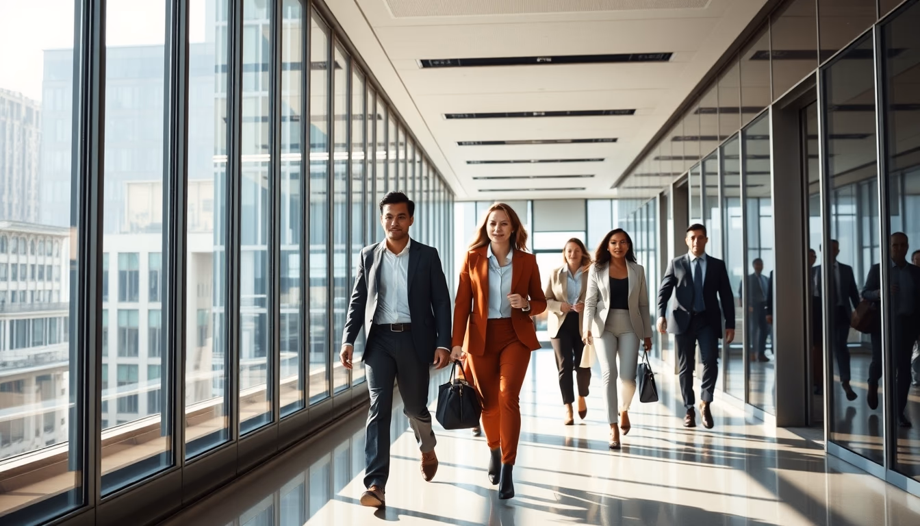 diverse executives walking through glass-walled corporate lobby in editorial style